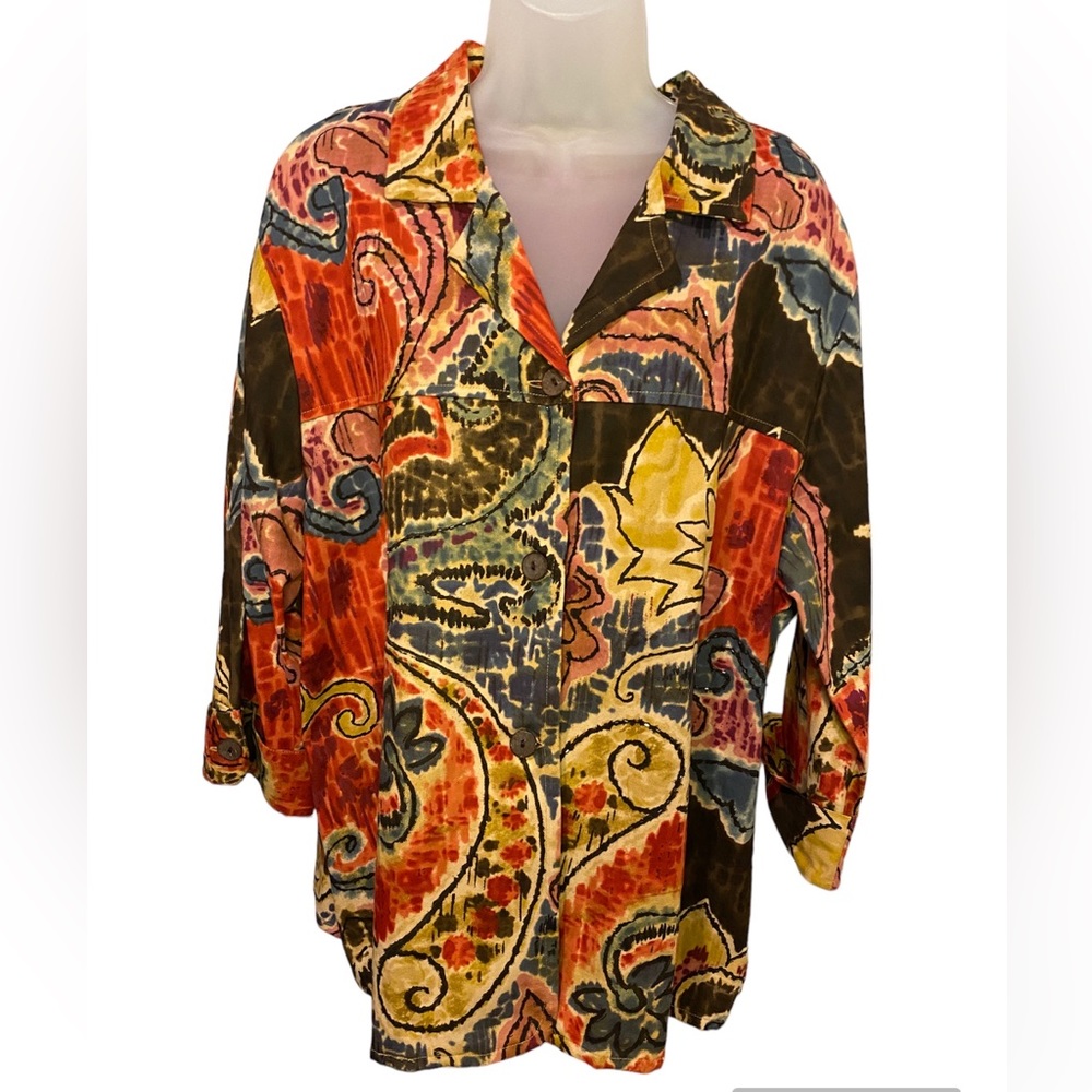 Tantrums Womens Boho Jacket Watercolor Paisley Cotton Size1X - Picture 1 of 4